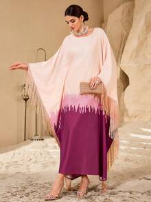 Al Najma Women's Ombre Casual Elegant Asymmetrical Tassel Batwing Sleeve Arabic Style Dress - Coral Pink - View 4