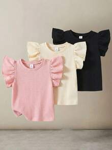 SHEIN 3件套女童纯色圆领荷叶边修身T恤套装 - 彩色 - 查看 8