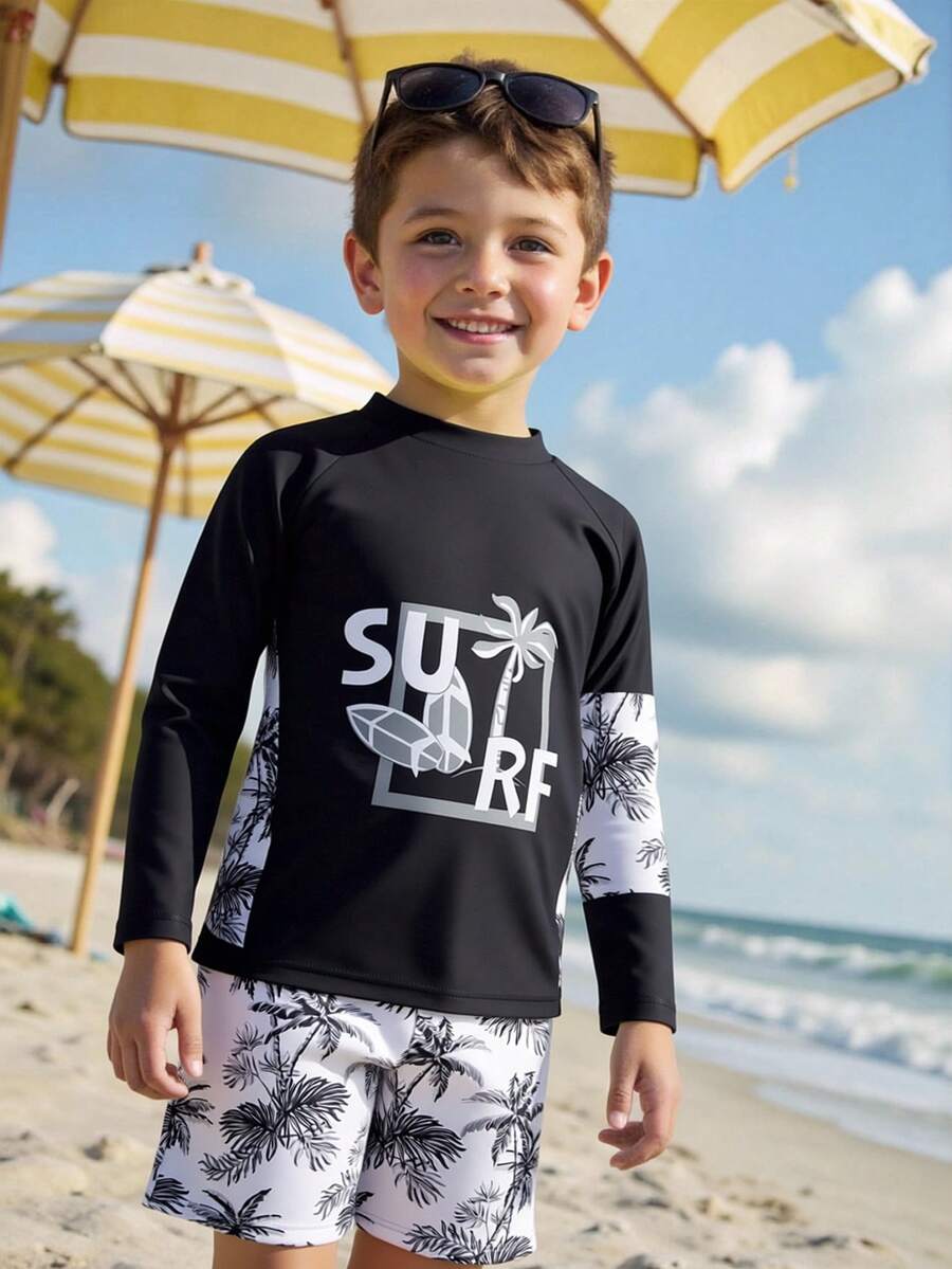 男童长袖树叶印花泳裤沙滩度假防晒泳衣套装 - 黑色 - 查看 1