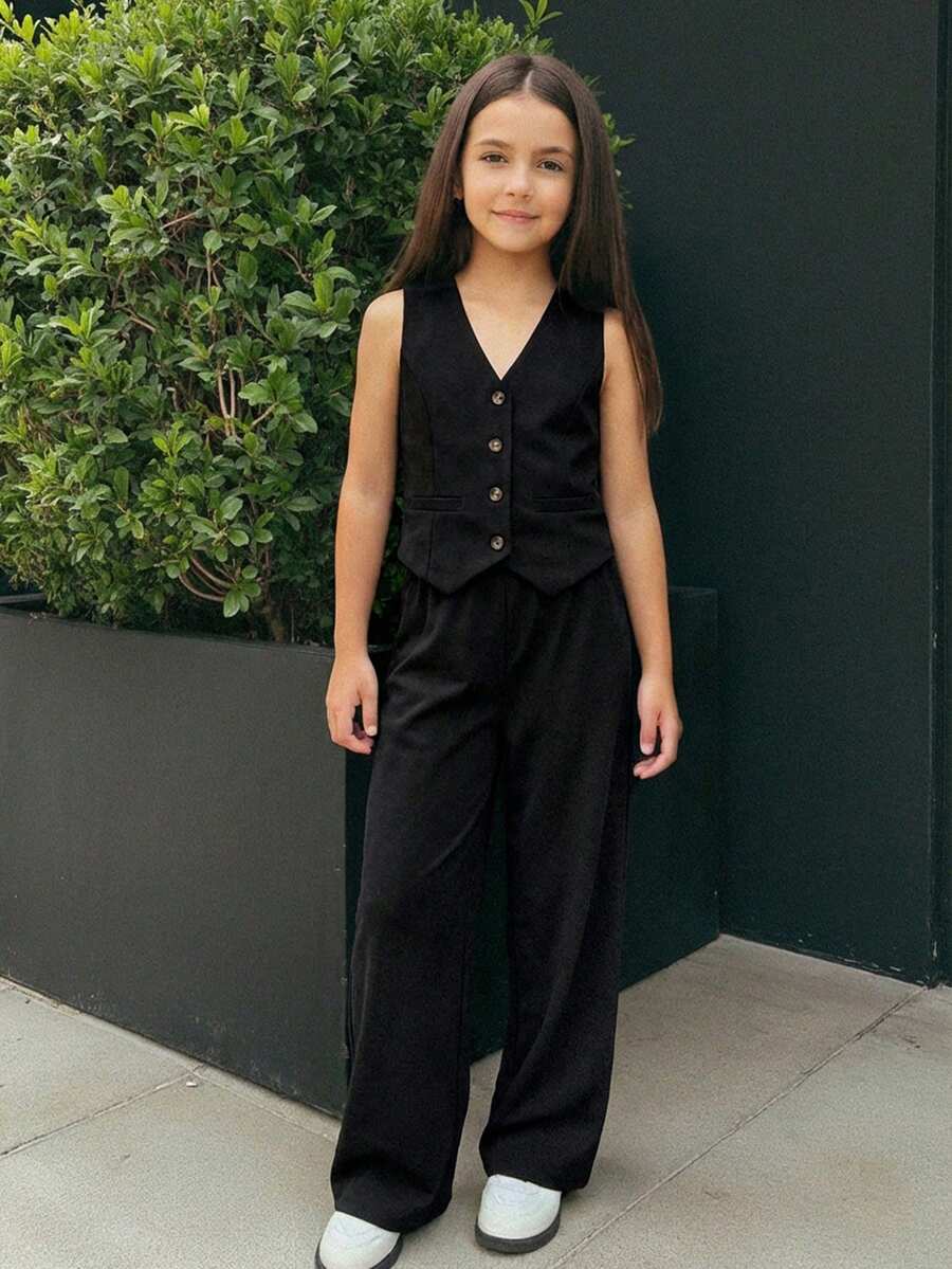 Firerie Kids Firerie Kids Nova Glow 少女休闲街头时尚通勤上学风条纹阔腿直筒裤，深灰色 - 黑色 - 查看 1