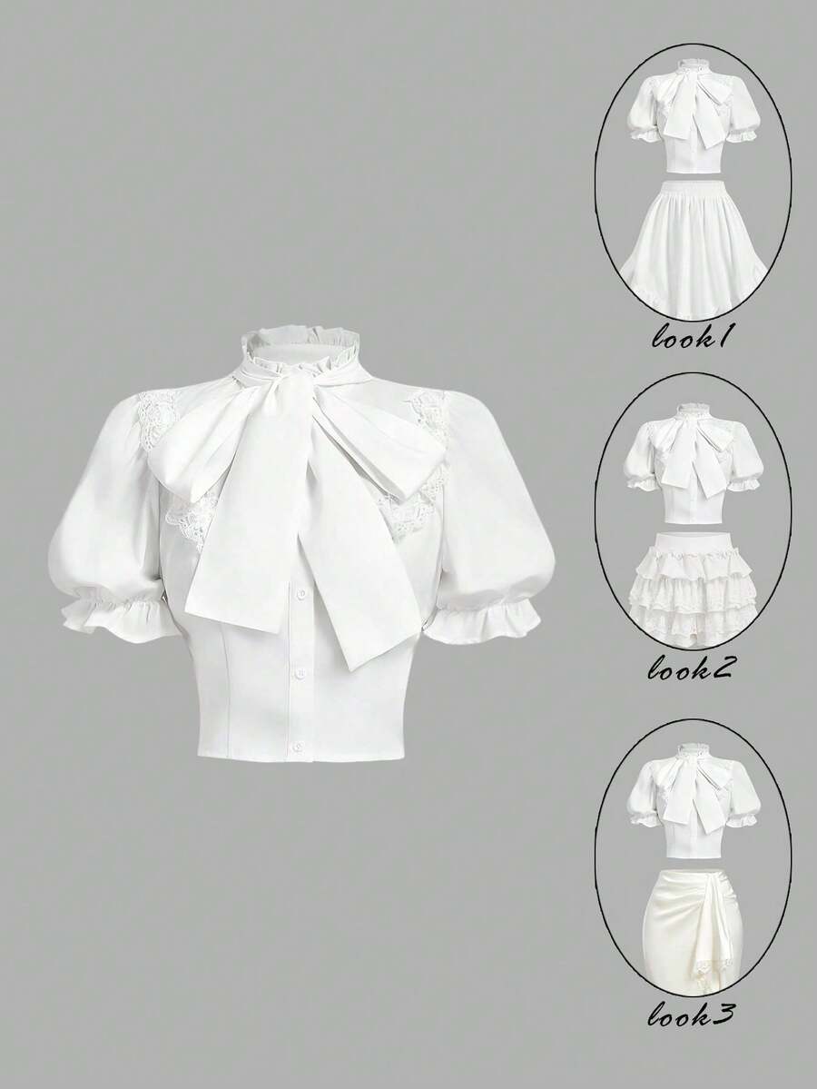 SHEIN MOD MAXI 3D蝴蝶结灯笼袖荷叶边复古宫廷风衬衫 – 节日盛装、公主风、正式场合；完美适用于度假、约会、野餐、派对、舞会、节日和生日；浪漫复古宫廷风蝴蝶结衬衫，蝴蝶结上衣，女士泡泡袖上衣，优雅灯笼袖衬衫，情人节、夏季、春季女士、嘉年华服装 - 白色 - 查看 1