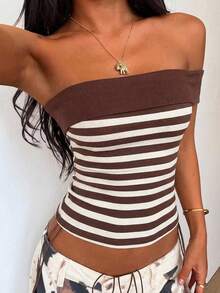 Aloruh Women's Off-Shoulder Striped Fitted Cropped Tank Top - Coffee Brown - View 1