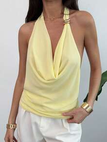 Aloruh 女士性感露背打结垂褶领无袖上衣，简约纯色金属装饰，适合海滩度假 - 淡黃色 - 查看 5