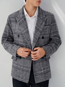 RONVEXI Men's Houndstooth Mandarin Collar Double-Breasted Business Suit Jacket - Black and White - View 4