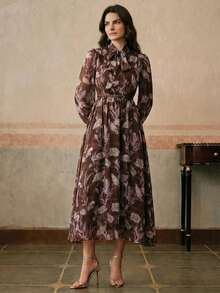 Anewsta Elegant Vintage Fashion Elegant Vintage Ruffled Waist Elastic Waist High Tolerance French Purple Laser Cut Digital Print Dress For Women - Rust Brown - View 6