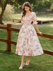 Vintamour 复古优雅女士连衣裙，带口袋，玫瑰碎花撞色滚边纽扣，休闲度假连衣裙，夏季女装，夏季度假装，春季女装，春季连衣裙，春季服装，春假装，春季女装，优雅派对连衣裙，优雅派对连衣裙，婚礼宾客连衣裙，婚礼派对连衣裙，毕业礼服，优雅典礼连衣裙，优雅女士连衣裙，正式礼服 - 粉色 - 查看 6