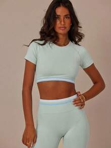Aralina Women's Striped Crew Neck Cropped Raglan Sleeve T-Shirt And Leggings Sports Suit - Mist Green - View 7