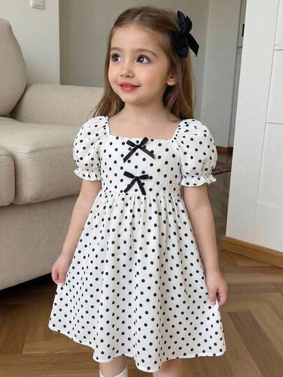 Young Girl Woven Ruffle Trim Square Neck Puff Sleeve Casual Dress
