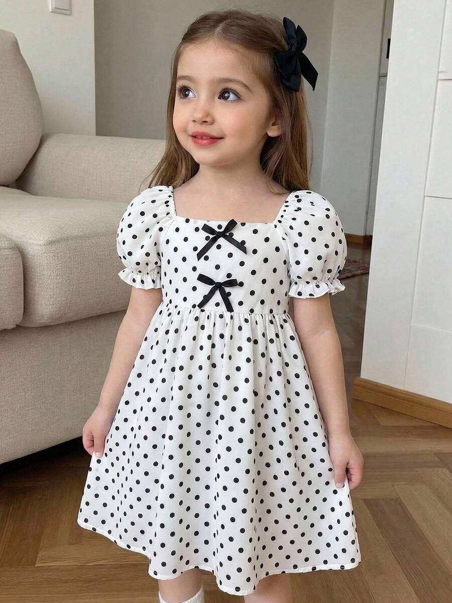 Young Girl Woven Ruffle Trim Square Neck Puff Sleeve Casual Dress - Black and White - View 1