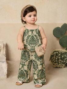 SHEIN 女婴休闲度假印花吊带背心和松紧腰裤套装 - 彩色 - 查看 2