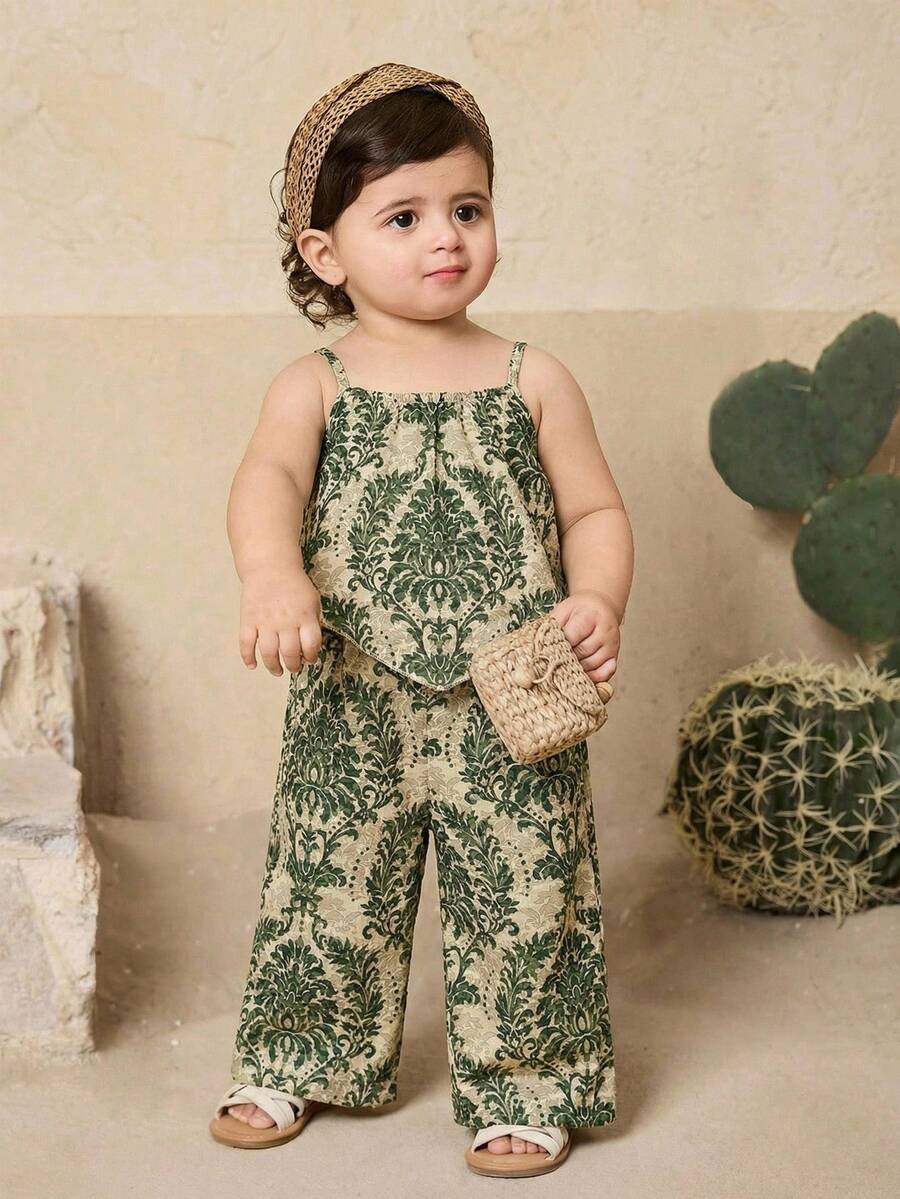 SHEIN Babygirl Casual Vacation Floral Print Camisole And Elastic Waist Pants Set - Multicolor - View 1