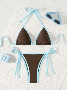 Swim Mod Bộ bikini gợi cảm buộc dây cổ phối màu tương phản dành cho nữ, thích hợp mặc đi biển mùa hè. - màu nâu - Xem 1