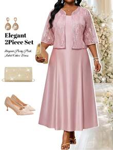 SHEIN Lady Plus Size Women Elegant Sleeveless Dress & Jacket 2 Pieces Set,Dusty Pink Summer Sparkly Formal Dress For Women,Wedding Ninang Luxury 2 Pieces Sets - Pink - View 4