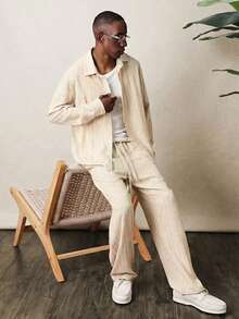 SUMWON Conjunto de camisa abotonada y pantalones con cordón de lino sintético para uso casual de verano para hombres - Amarillo claro - Ver 1