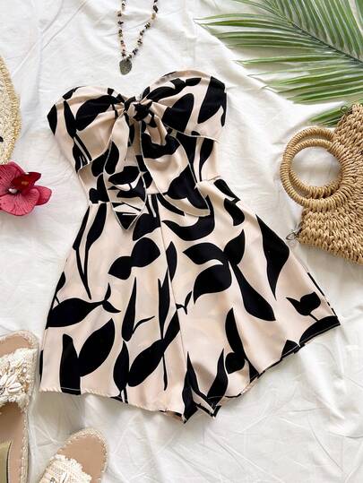 Soleia Women's Vacation Spring/Summer Carnival Cruise Resort Watercolor Silhouette Print Twist Front Backless Romper, Loose Fit, Suitable For Party, Date, Valentine's Day, Layering