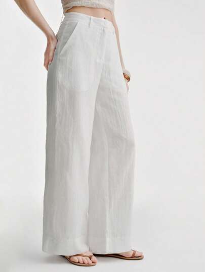 Aveloria Modichic High-Waisted Wide Leg White Pants, Minimalist Style, Straight Leg, Hidden Zipper, Cuffed Hem, Lightweight Linen-Like Fabric, Versatile For Casual, Work, Travel, Daily Wear. Elegant Design, Relaxed Fit, Chic Texture, Regular Waist, Cuffed Bottom, Suit Pants
