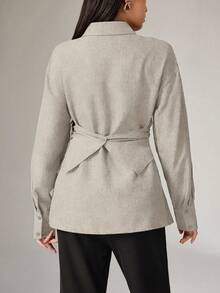 Heiryn 女式纯色长袖休闲交叉衬衫，秋季 - 杏色 - 查看 2