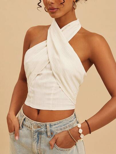 Travachic Women's Solid Color Woven Halter Neck Camisole, Spring Summer Outfits, Festival Top, Elegant Party Top, Beach Vacation Outfits, Wedding Guest Tops, Formal Graduation Outfits, Work Outfits For Women