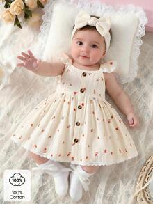 Newborn Baby Girl Cute Printed Strap Dress - White - View 1