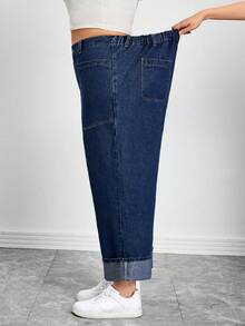SHEIN CURVE+ Plus Size Blue Denim Straight Leg Cropped Jeans With Zipper Detail And Pockets - Blue - View 7