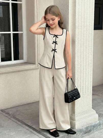 SHEIN Tween Girls' Casual Elegant Commuter Fashion Color Block Striped Button Front Sleeveless Vest Top And Straight Leg Pants Set