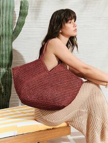 SHECARRY Bolso de mano tejido de moda para mujer, bolso de hombro de gran capacidad - Marrón rojo - Ver 5