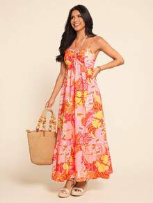 Coeurva Robe imprimée en mousseline pour femmes, idéale pour le printemps/été et les vacances - Orange - Voir 4