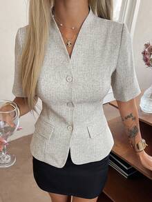 Strévra Women's Elegant Daily Office Commute Short Sleeve Single-Breasted Fitted Cardigan - Apricot - View 1