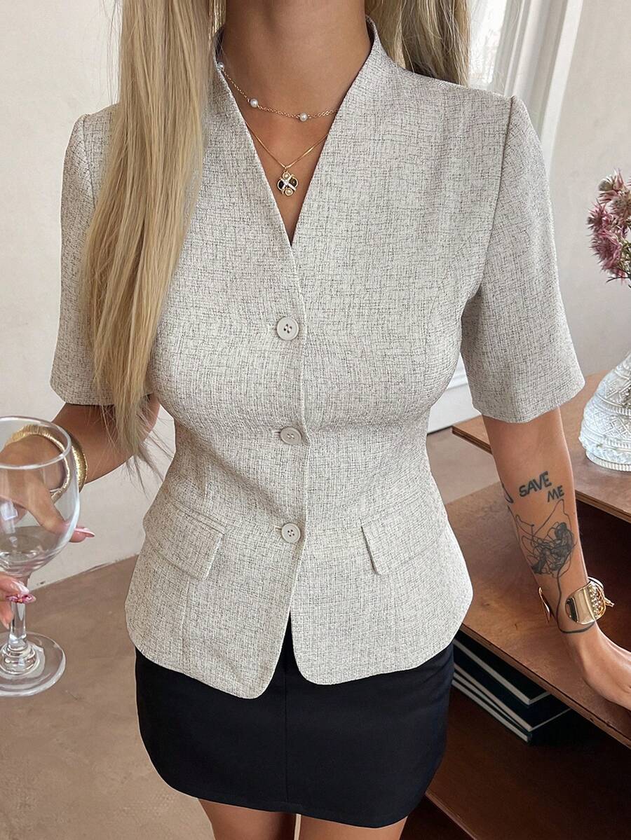 Strévra Women's Elegant Daily Office Commute Short Sleeve Single-Breasted Fitted Cardigan - Apricot - View 1