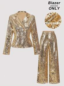 SHEIN MOD 大码女式金色亮片翻领长袖双排扣西装外套，适合感恩节、圣诞节、舞会、派对等场合，闪亮上衣，秋冬季女式外套 - 金色 - 查看 5