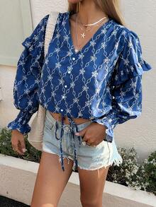 DAZY Women's V-Neck Drawstring Floral Embroidered Lantern Sleeve Casual Vacation Summer Blouse - Blue - View 3