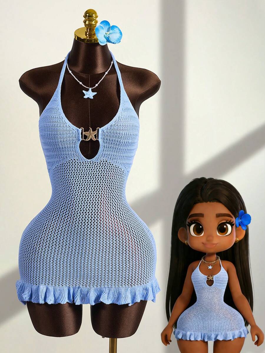 Zestiva 女士优雅蓝色度假风露背系带针织荷叶边连衣裙 - 藍色 - 查看 1