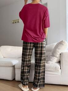 DAZY 2pcs/Set Loose Letter Print T-Shirt Top And Plaid Pants, Summer Casual Homewear Outfit - Hot Pink - View 2