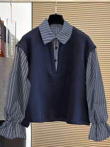 INAWLY Plus Size Women Striped Print Casual Versatile Long Sleeve Pullover Sweatshirt - Navy Blue - View 3