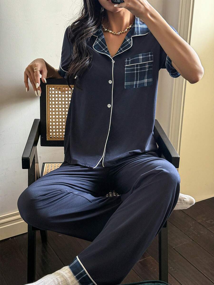 SHEIN 女士休闲针织格子印花纽扣装饰纯色翻领睡衣套装 - 藏蓝色 - 查看 1