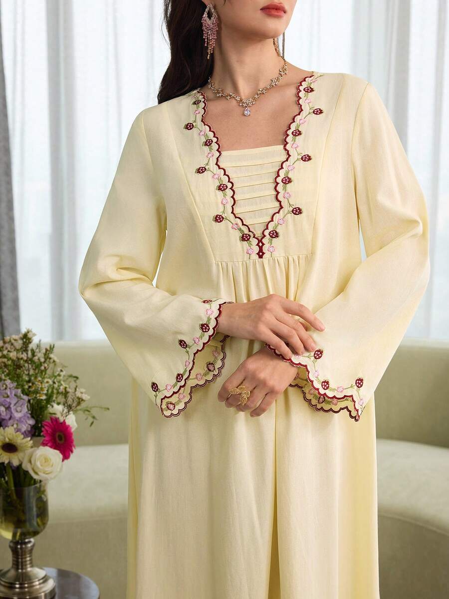 Al Najma Đầm tay xòe thêu tinh tế, thời trang cho mùa xuân/hè. - Màu vàng - Xem 1