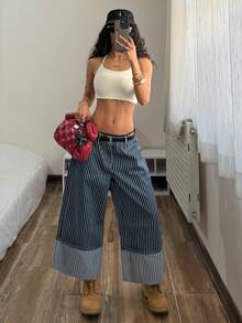 StreetHx Women's Fashion Casual Low Waist Striped Wide Leg Cropped Jeans - Dark Wash - View 1