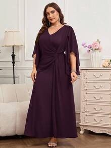 Reflora Plus Size Elegant Party Solid Color Twist Waist Dress - Purple - View 3