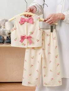 SHEIN 2件套 女童碎花无袖背心和宽松休闲裤套装 - 粉色 - 查看 3