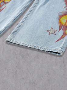 Manfinity EMRG Faded Blue Straight Loose Fit Denim Jeans With Graphic Print Slogan, Casual Street Style For Spring/Summer Graphic Baggy Jeans Flame Pants - Blue - View 7