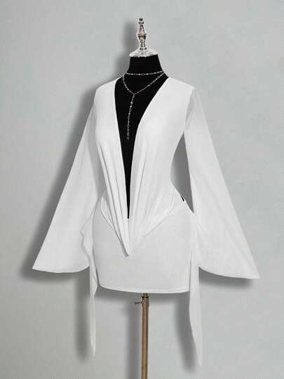 SHEIN ICON Sexy Oversized Plunging Neckline Mesh Patchwork Backless Mini Dress