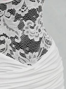 SHEIN ICON Women's Lace Patchwork Ruffle Elegant Date Party Mini Dress - White - View 8