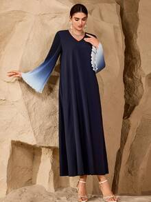 Al Najma Women's Casual Fashionable Minimalist Ombre Pleated Flare Sleeve V-Neck Arabic Style Dress - Navy Blue - View 6