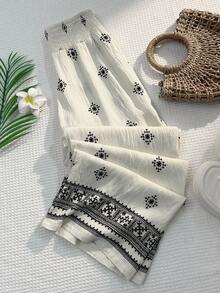 Sunnyshic 杏色水洗竹编结花印花低腰抽绳直筒阔腿裤，女士春夏款，适合度假、海滩、波西米亚风、优雅通勤、浪漫、休闲日常穿着 - 杏色 - 查看 4