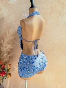 Soleia 两件套亮片流苏吊带上衣和迷你裙套装，适合音乐节、派对、中国红、年会、圣诞节、万圣节等场合。 - 藍色 - 查看 8