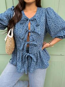 Vionelle 大码春夏系带休闲度假优雅衬衫 - 藍色 - 查看 5