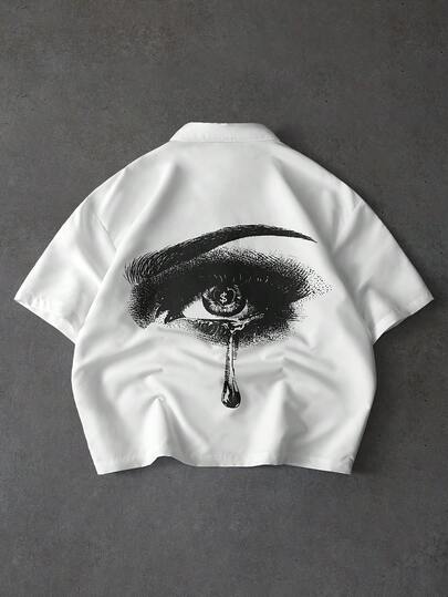 PAVTROS Men's Casual Eye & Teardrop Print Button Front Short Sleeve Shirt