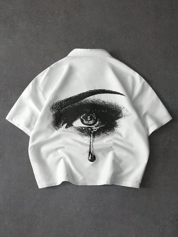 PAVTROS Men's Casual Eye & Teardrop Print Button Front Short Sleeve Shirt
