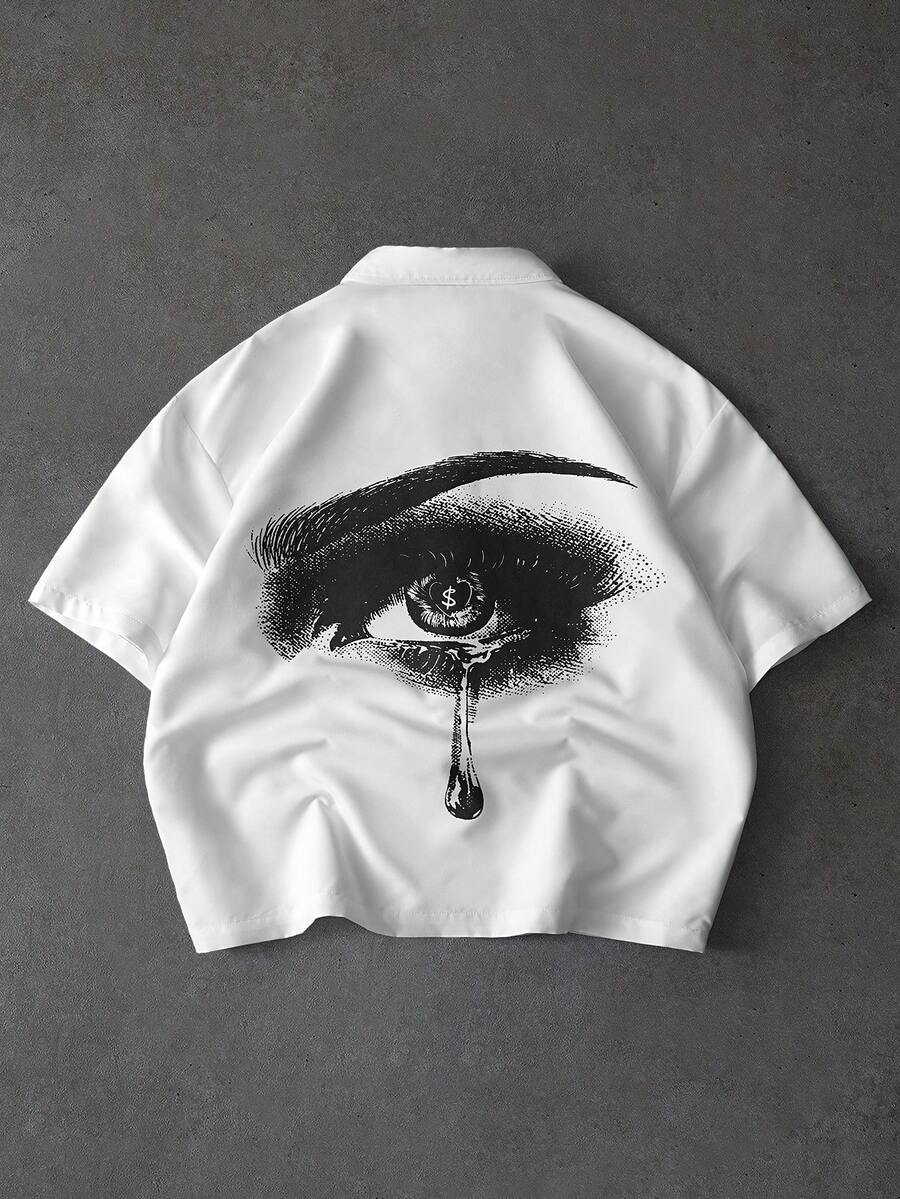 PAVTROS 男士休闲眼睛和泪滴印花纽扣短袖衬衫 - 白色 - 查看 1