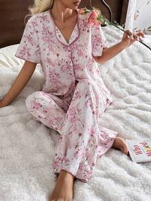 CottageSlumber Women's Casual Comfortable Vacation Contrast Color Floral Print Lapel Short Sleeve Pants Pajama Set - Multicolor - View 1